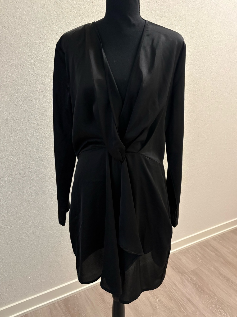 Black Long Sleeve Mini Dress with Front Knot Detail